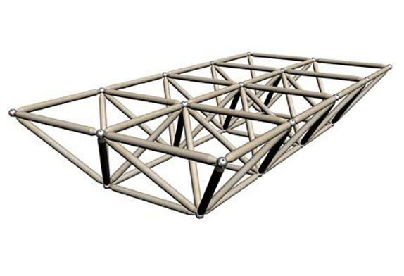 Triangular space frame design with bridging structure. The major