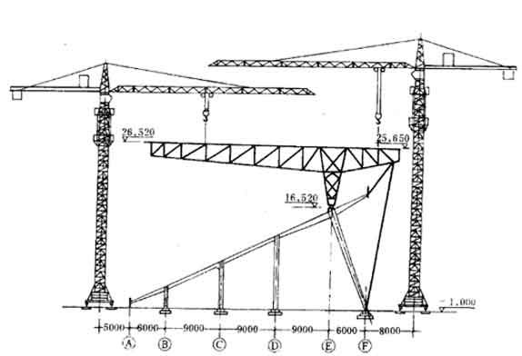 Location map of tower crane in installation stage of cantilevered steel structure