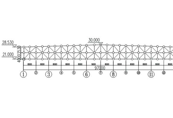 Front elevation view of aircraft maintenance hangar roof